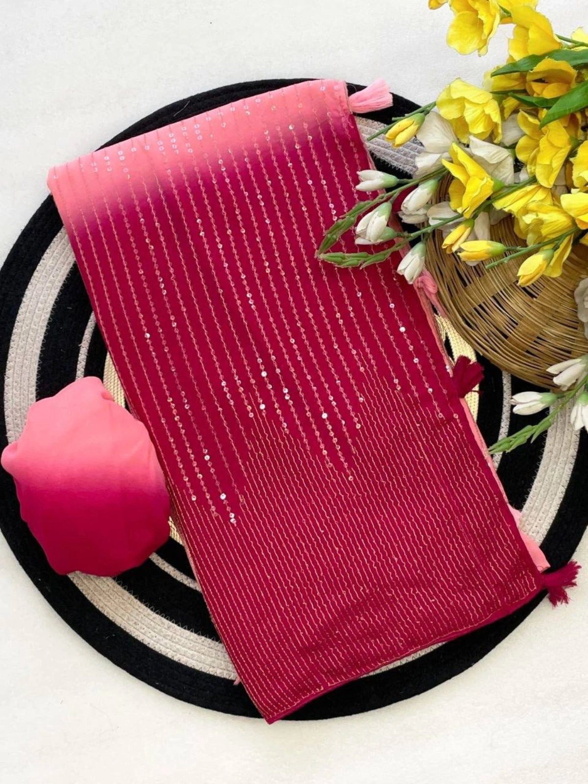 Bollywood Inspired Heavy Zari Pink Saree with Dual Colour Piping-71216293118033