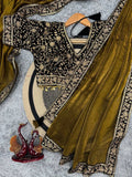 Bollywood Inspired Gold Saree with Black & Gold Embroidery and Stitched Free-Size Blouse