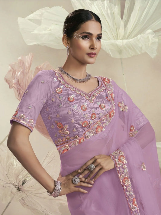 Bollywood-Inspired Lavender Net Embellished Saree for Women-67889162911825