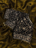 Bollywood Inspired Gold Saree with Black & Gold Embroidery and Stitched Free-Size Blouse
