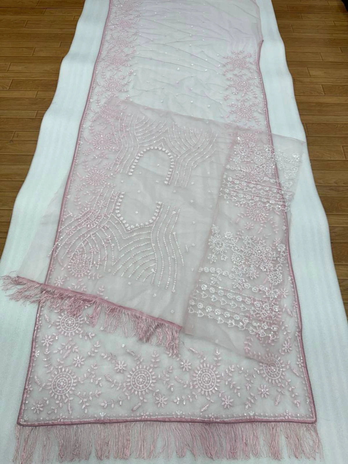 Bollywood Inspired Pink Net Saree with Sequins & Thread Embroidery-71216301277265