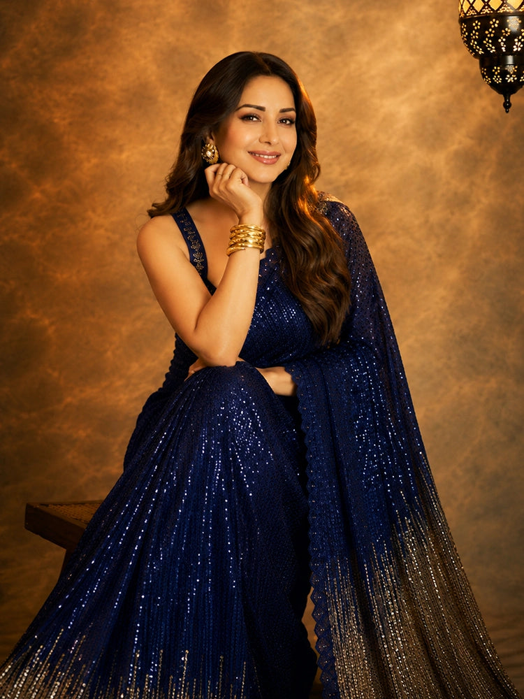 Shreya Inspired Blue and Gold Sequin Saree-71987412303953