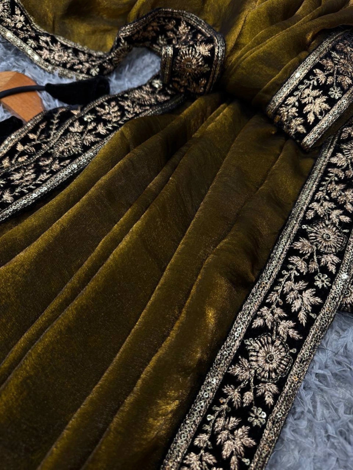 Bollywood Inspired Gold Saree with Black & Gold Embroidery and Unstitched Blouse-67246676508753