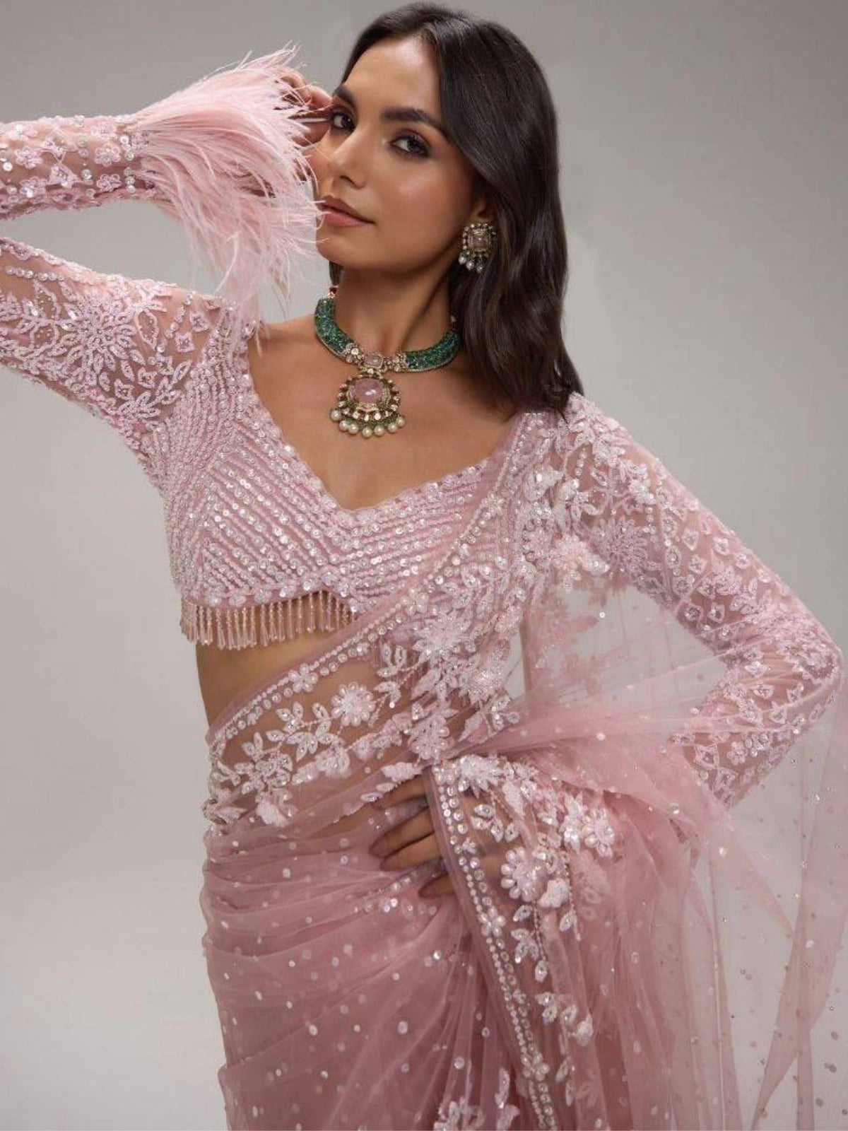 Bollywood Inspired Pink Net Saree with Sequins & Thread Embroidery
