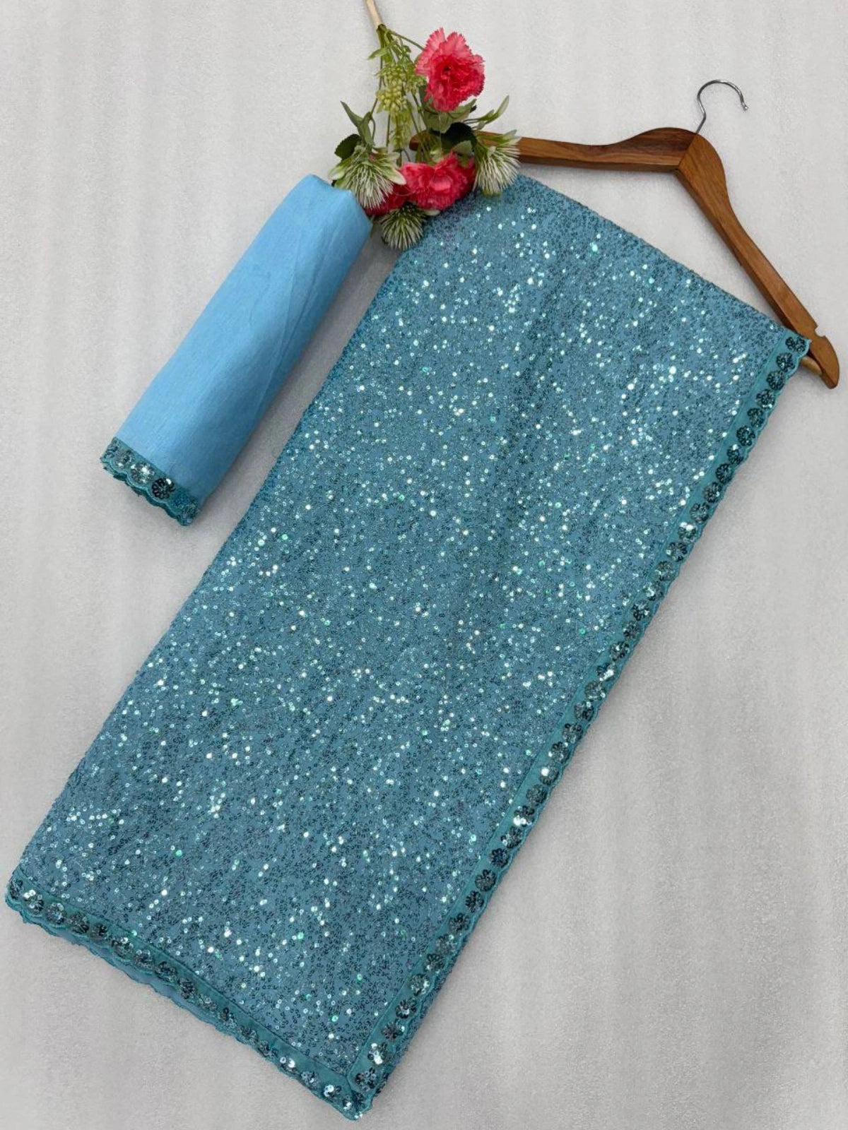 Bollywood-Inspired Sky Blue Sequin Saree with Border Detailing-67246716780625