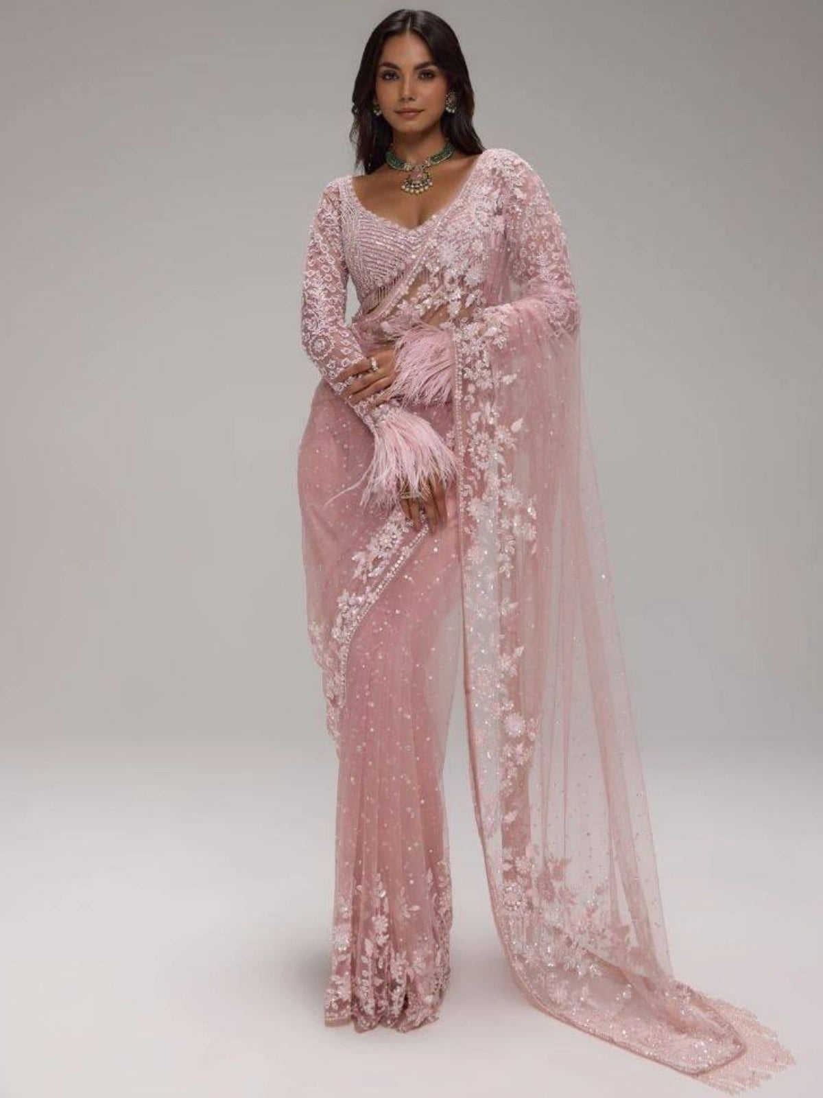 Bollywood Inspired Pink Net Saree with Sequins & Thread Embroidery
