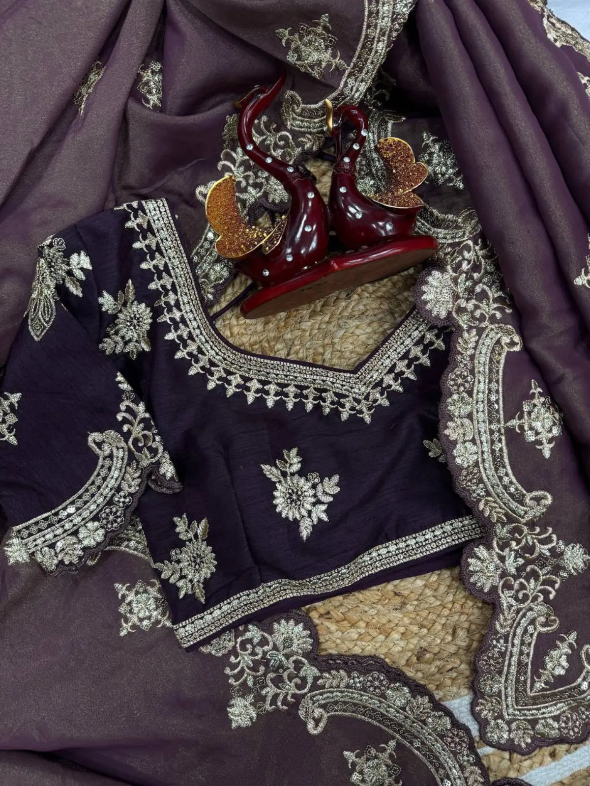 Copper Gold Sequence Embroidery Silk Blend Saree-67189206581329