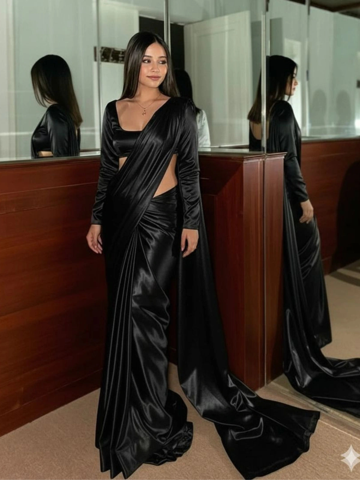 Bollywood Style Black Satin Saree with Unstitched Matching Blouse Piece