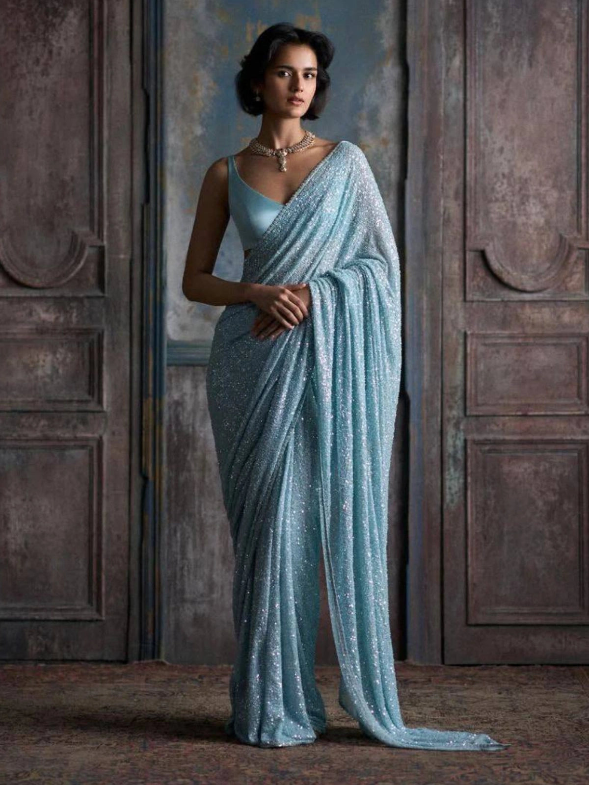 Bollywood-Inspired Sky Blue Sequin Saree with Border Detailing-67246716813393