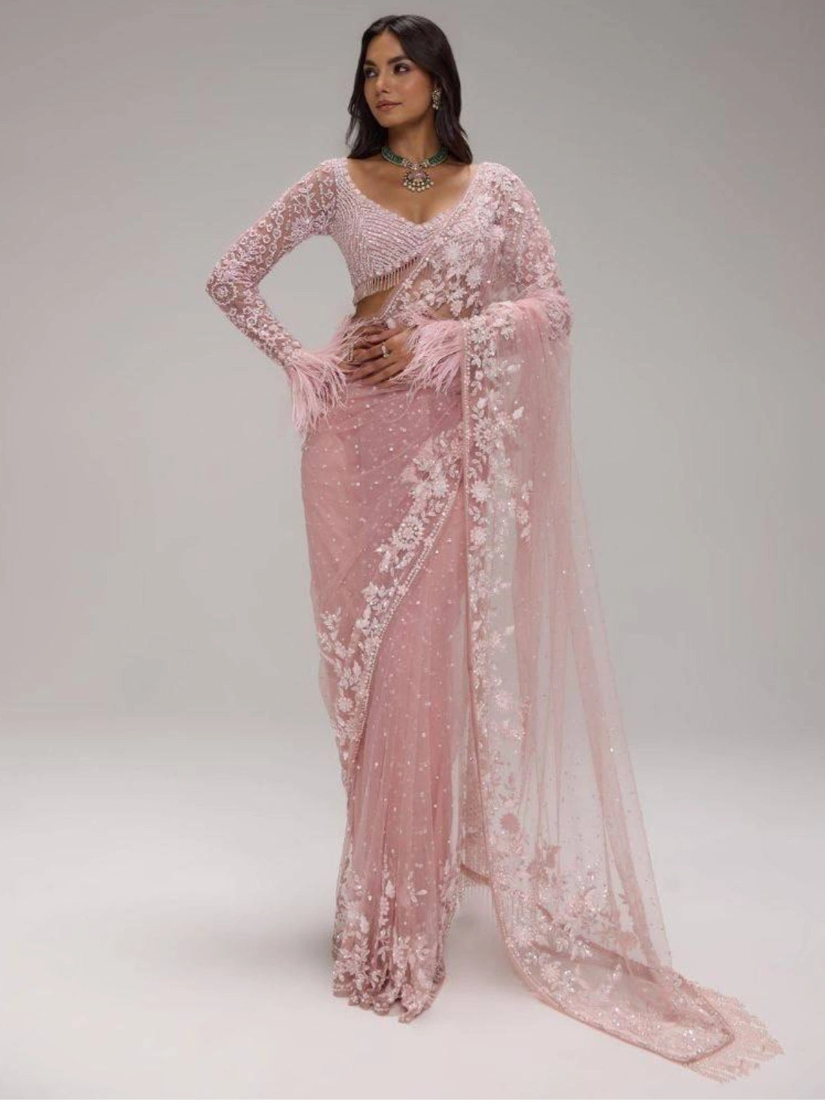 Bollywood Inspired Pink Net Saree with Sequins & Thread Embroidery
