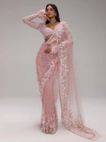 Bollywood Inspired Pink Net Saree with Sequins & Thread Embroidery