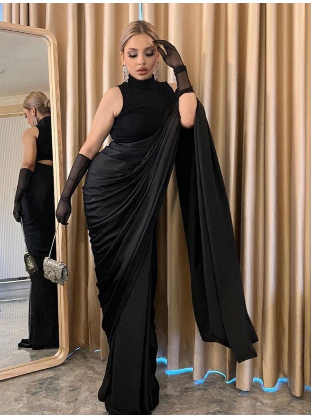 Bollywood Style Black Satin Saree with Unstitched Matching Blouse Piece