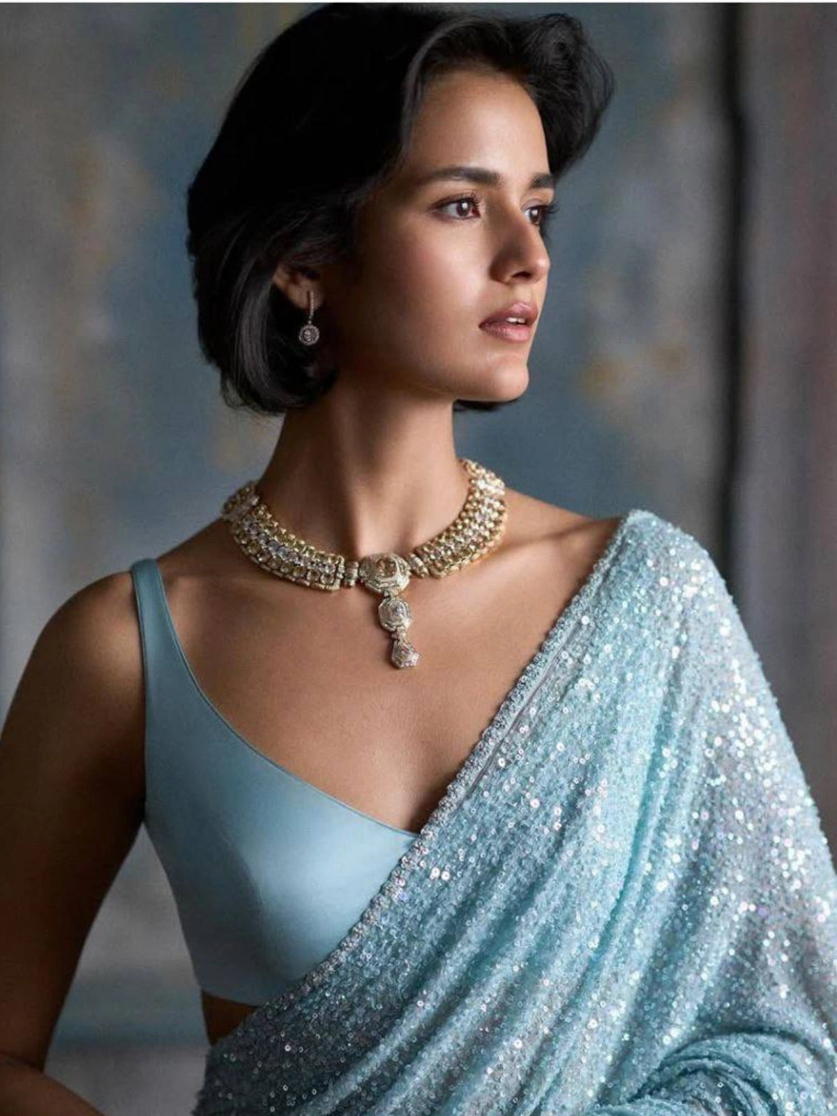 Bollywood-Inspired Sky Blue Sequin Saree with Border Detailing-67246716878929