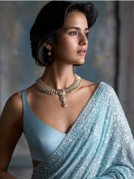 Bollywood-Inspired Sky Blue Sequin Saree with Border Detailing