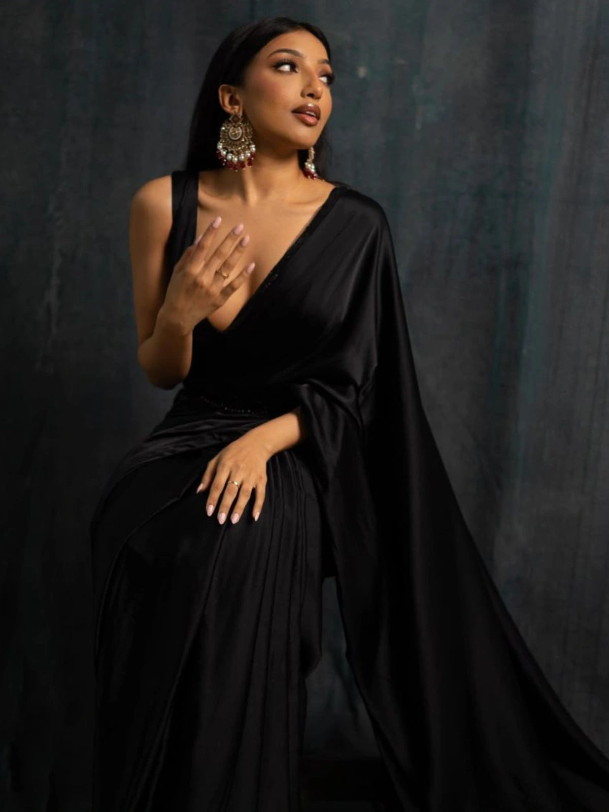 Bollywood Style Black Satin Saree with Unstitched Matching Blouse Piece