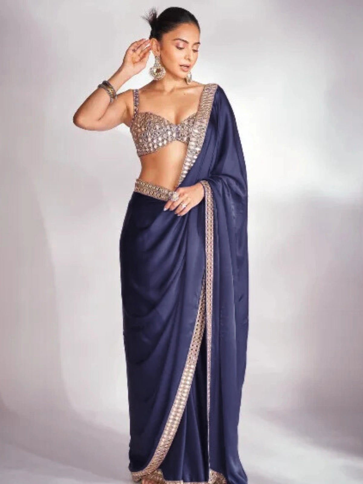 Rakul Inspired Satin Saree With Embroidery Lace and Real Mirror-67911152894033