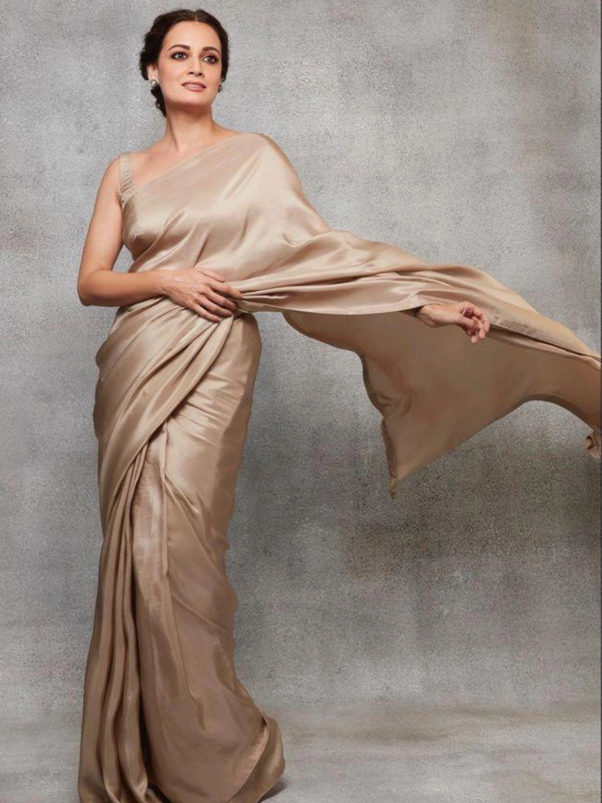 Bollywood Style Beige Satin Saree with Unstitched Matching Blouse Piece