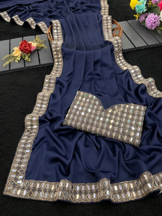 Satin Dark Blue Saree With Embroidery Lace and Real Mirror-67911152926801