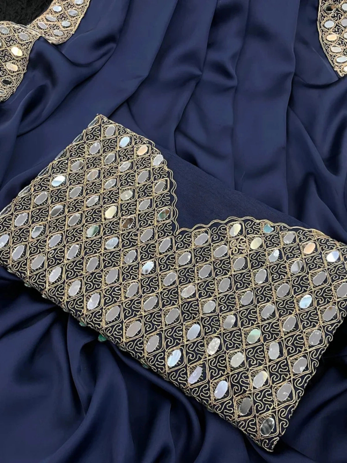 Rakul Inspired Satin Saree With Embroidery Lace and Real Mirror-67911152959569