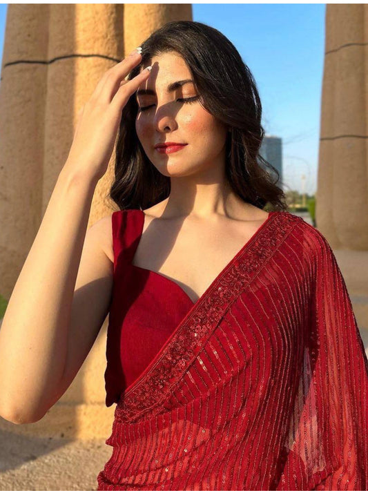 Bollywood Inspired Heavy Georgette Sequins Embroidery Red Saree