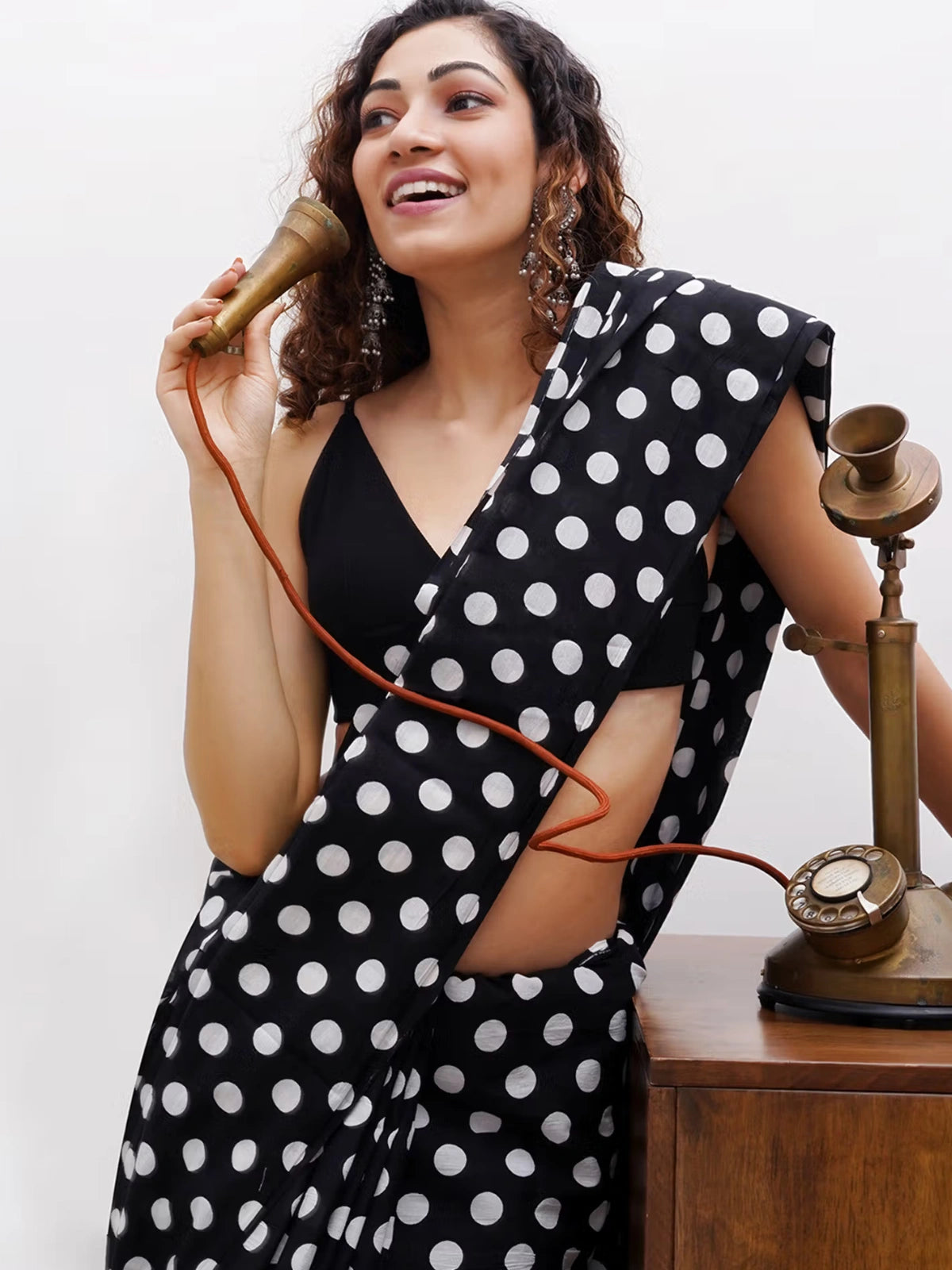 Partywear Black and White Polka Dot Georgette Saree with Black Blouse Piece-67775114543185