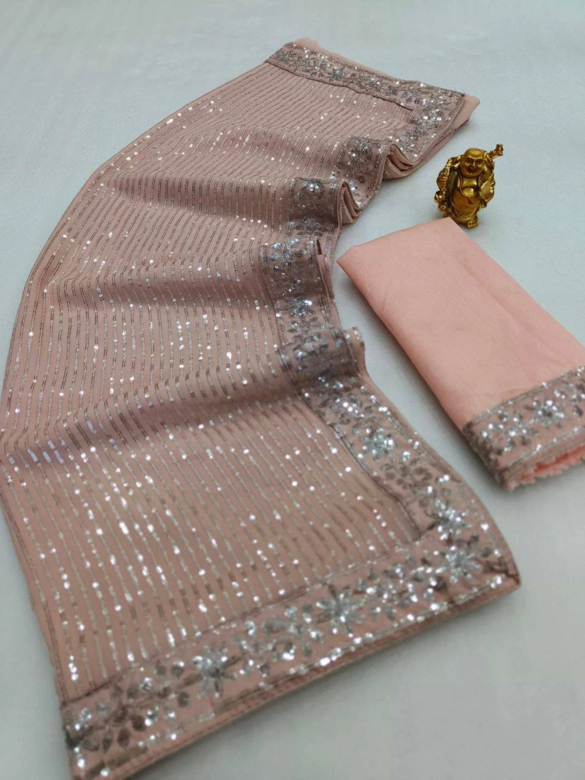 Bollywood Inspired Heavy Georgette Sequins Embroidery Peach Saree-67246746861649