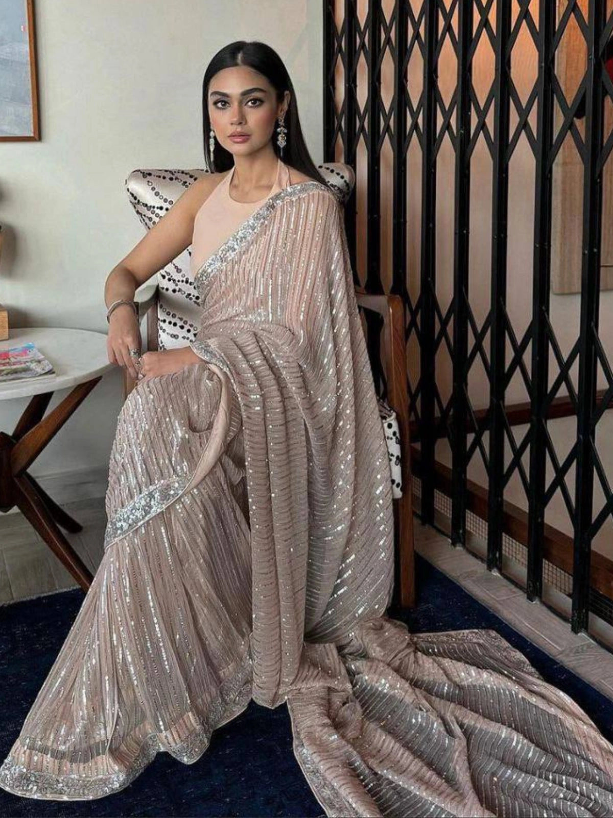 Bollywood Inspired Heavy Georgette Sequins Embroidery Peach Saree-67246746894417