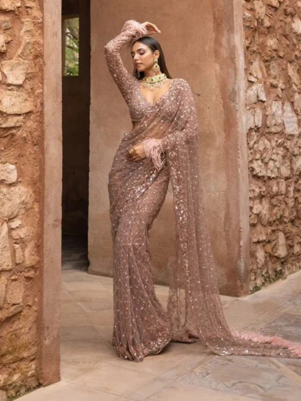 Bollywood-Inspired Onion Net Saree with Sequins and Embroidery-70295755391057