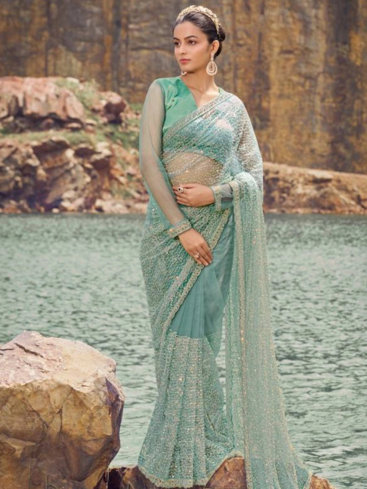 Bollywood Inspired Aqua Blue Net Saree with Stunning Sheer Embellishments-67249479876689