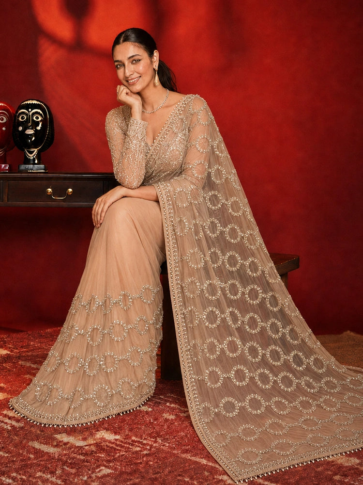 Bollywood-Inspired Beige Sequin & Bead Soft Net Saree with Unstitched Blouse