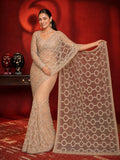 Bollywood-Inspired Beige Sequin & Bead Soft Net Saree with Unstitched Blouse