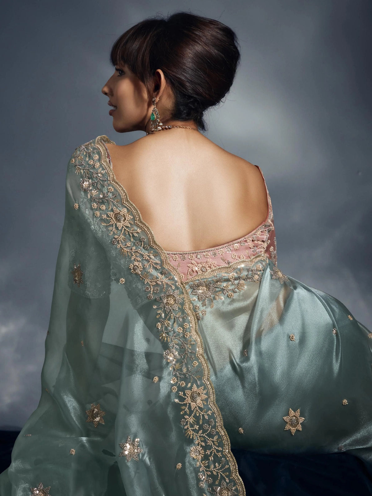 Designer Organza Saree with Heavy Embroidered Border & Blouse - Sea Green