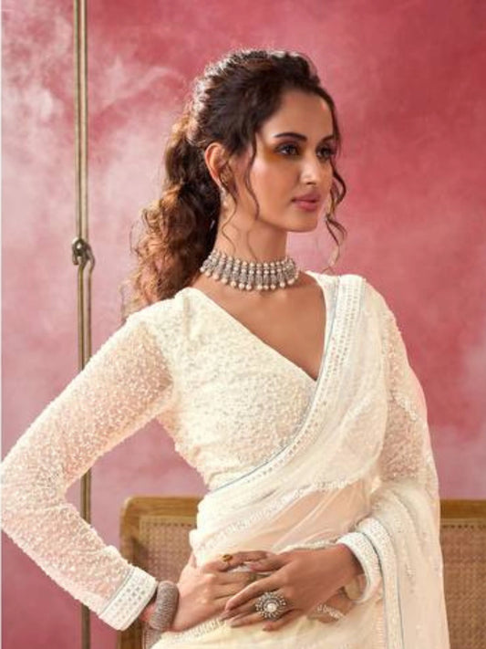 Bollywood Inspired Off-White Net Saree with Handcrafted Sequin Embroidery