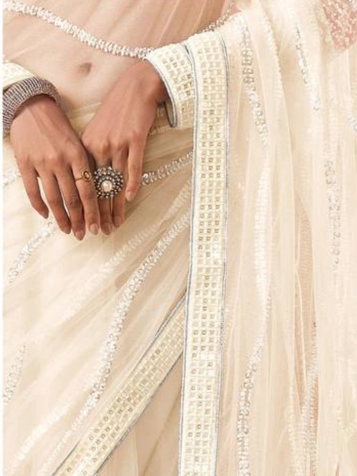 Bollywood Inspired Off-White Net Saree with Handcrafted Sequin Embroidery-67249531781201