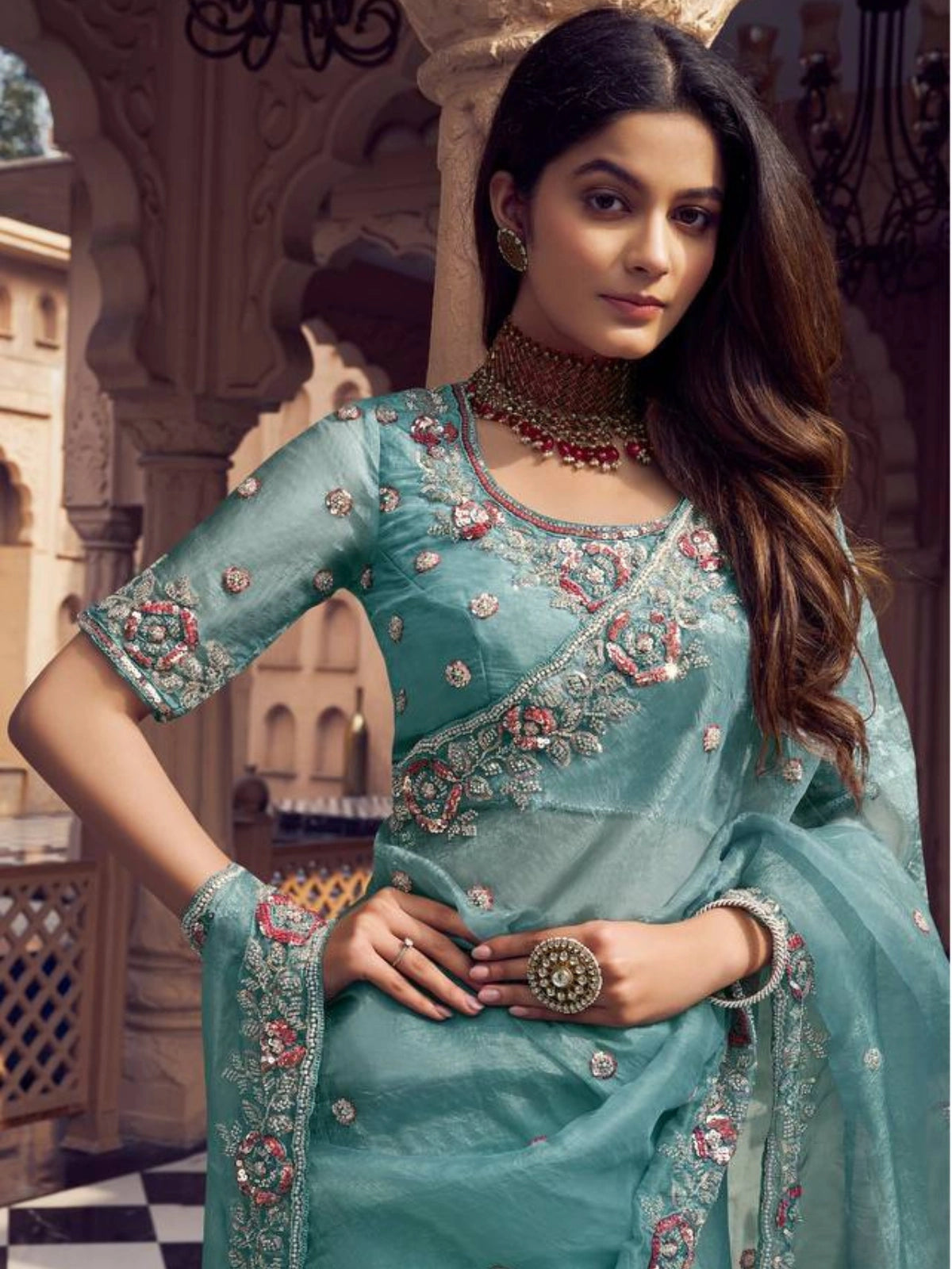 Bollywood Inspired Teal Blue Saree with Handcrafted Embroidered Border-67249567203409