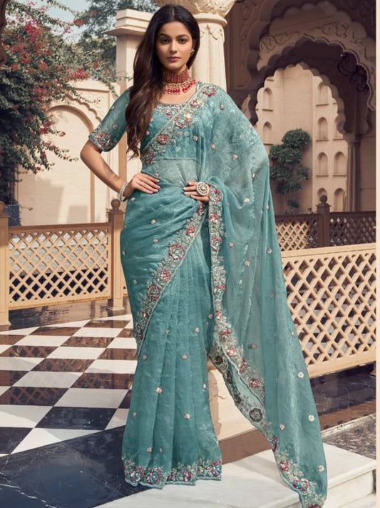 Bollywood Inspired Teal Blue Saree with Handcrafted Embroidered Border
