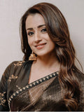 Trisha Inspired Black Saree with Gold Stripes and Rich Zari Design