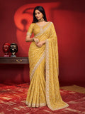 Bollywood Inspired Mustard Yellow Embroidered Net Saree with Intricate Border