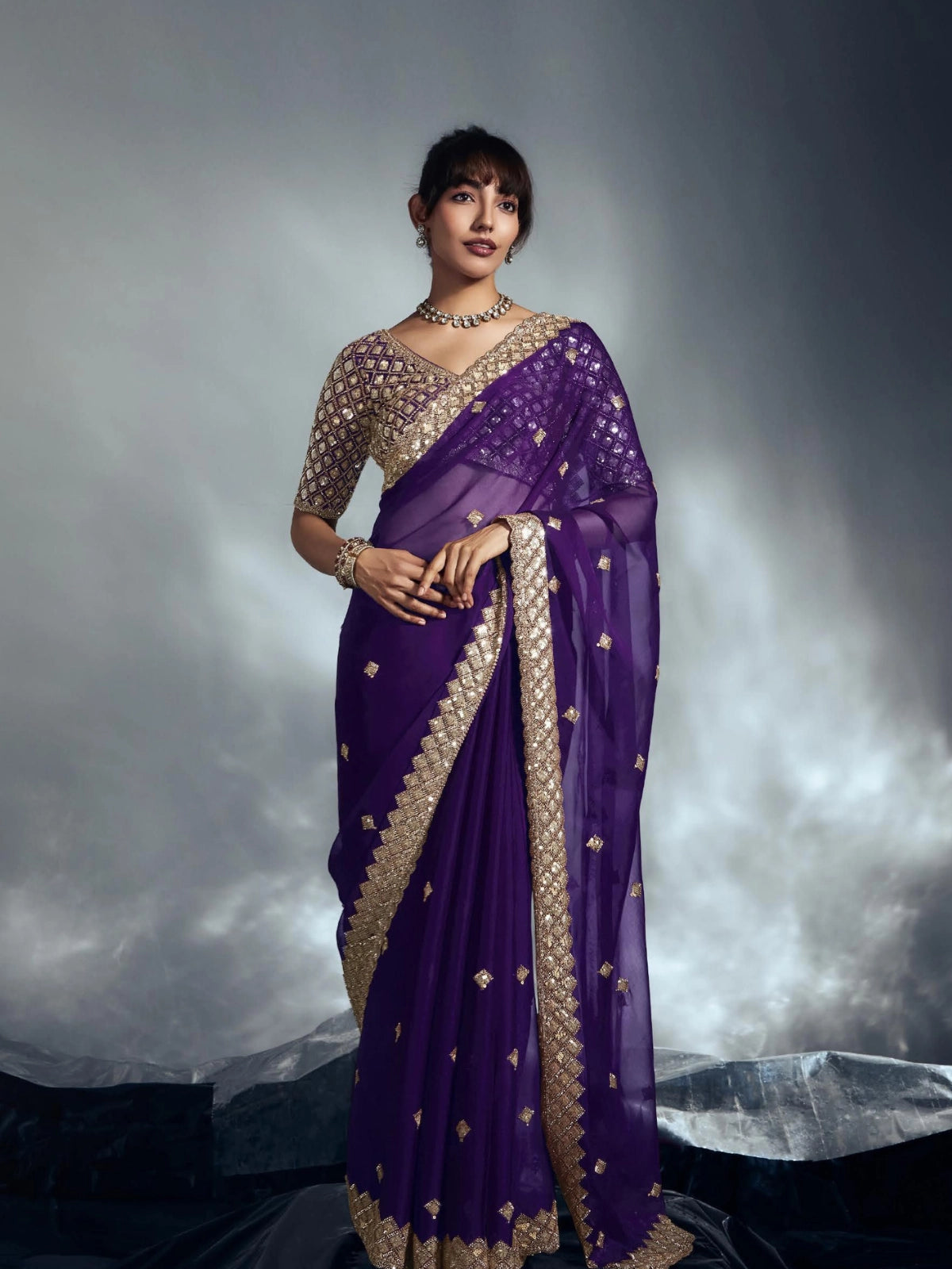 Designer Organza Saree with Heavy Embroidered Border & Blouse - Purple