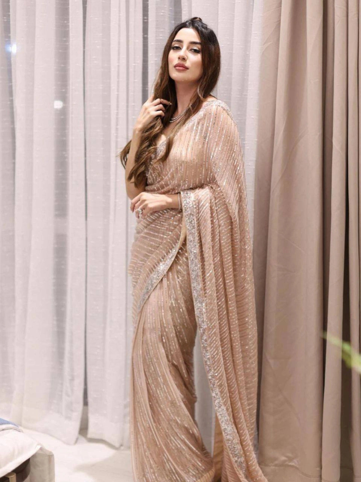 Bollywood Inspired Heavy Georgette Sequins Embroidery Peach Saree-67250037522513