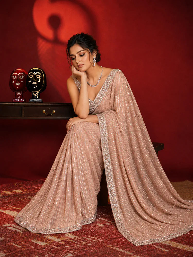 Bollywood Inspired Heavy Georgette Sequins Embroidery Peach Saree-71952548397137