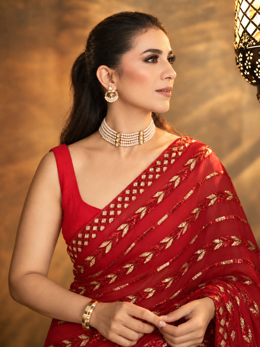 Bollywood Inspired Metallic Red Georgette Saree with Sequins-73695976456273