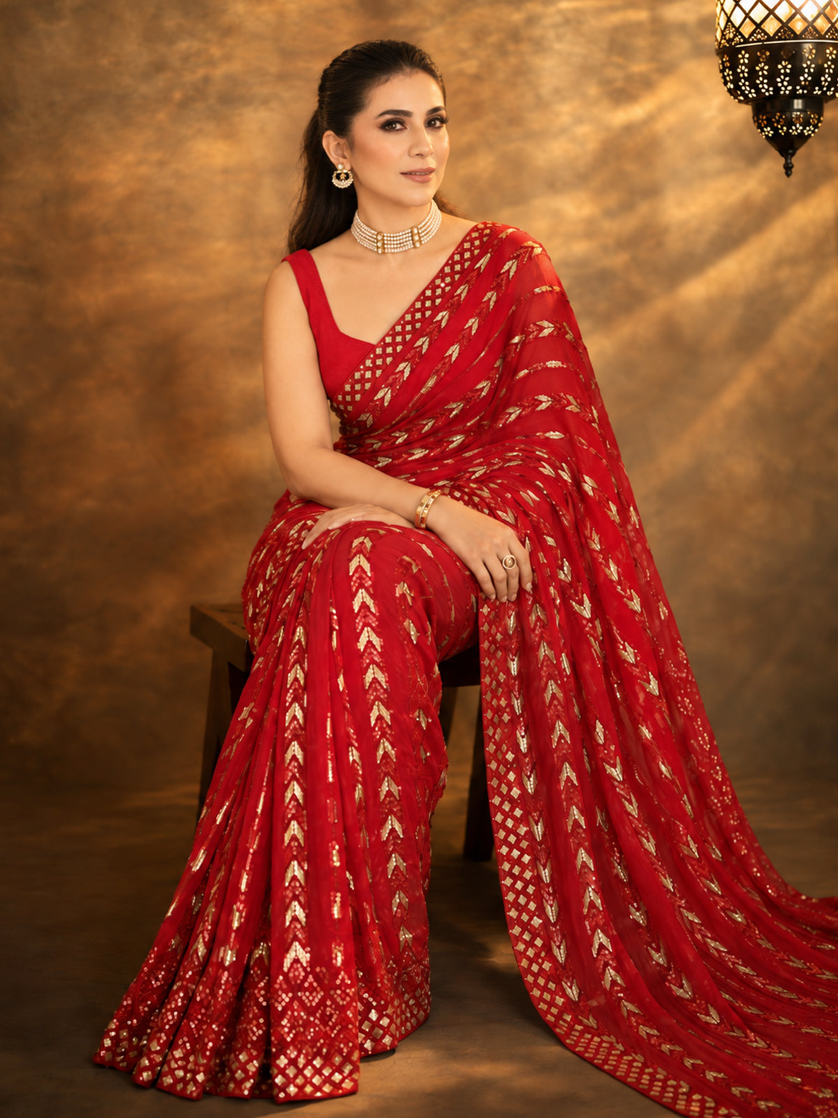 Metallic Red Georgette Sequin Saree-73695976390737