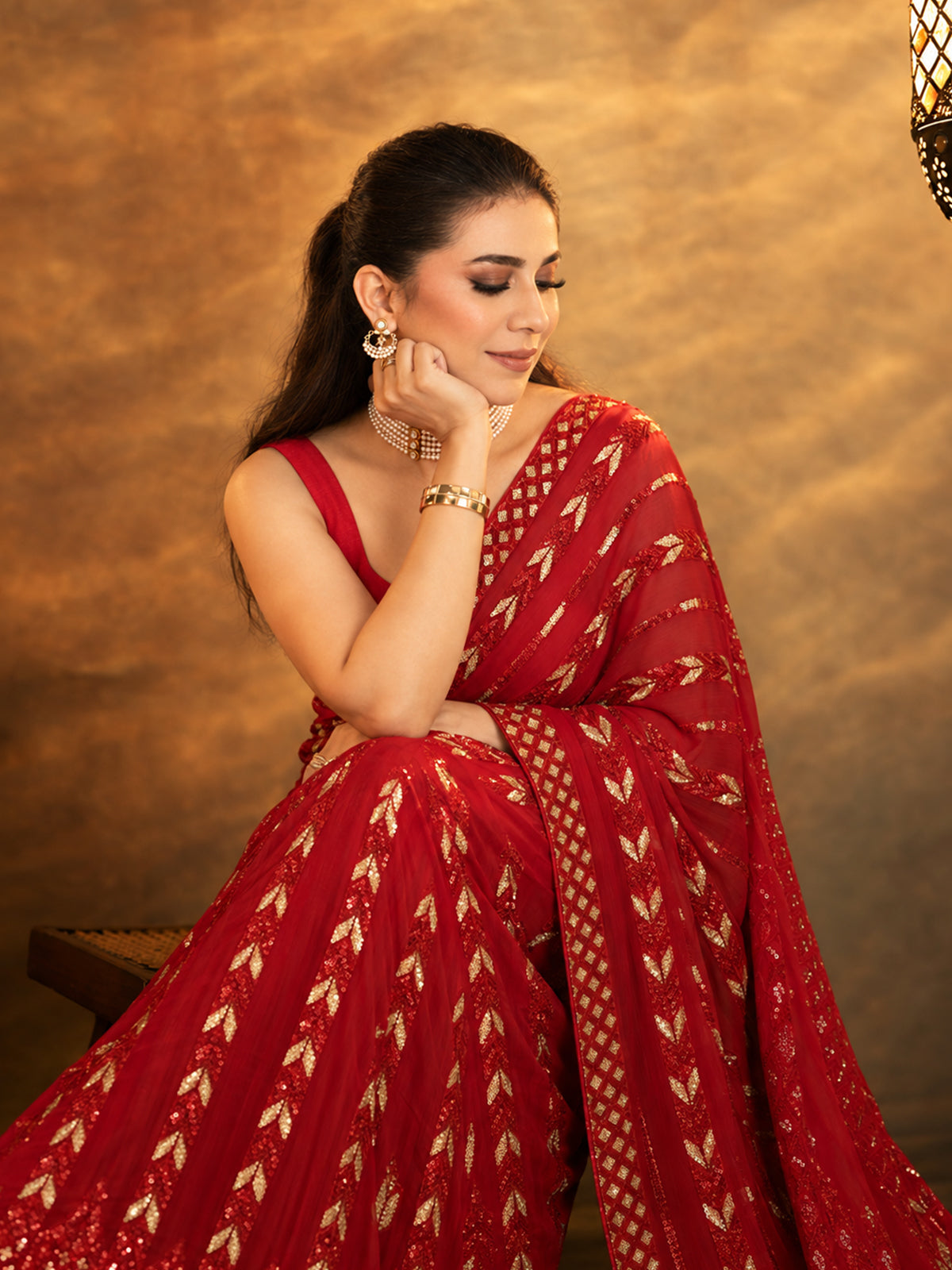 Metallic Red Georgette Sequin Saree