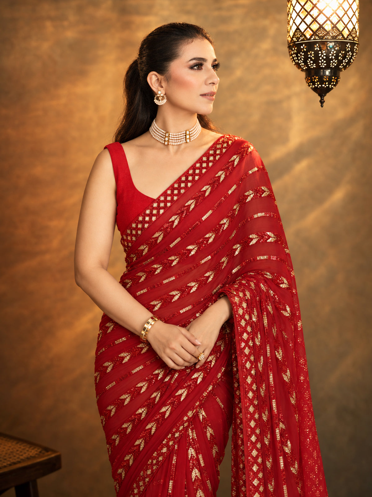 Metallic Red Georgette Sequin Saree