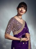 Designer Organza Saree with Heavy Embroidered Border & Blouse - Purple