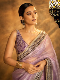 Surabhi Inspired Onion Pink Saree with Gold and Brown Embroidered Borders