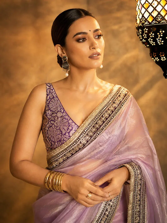 Surabhi Inspired Onion Pink Saree with Gold and Brown Embroidered Borders-71880982986833
