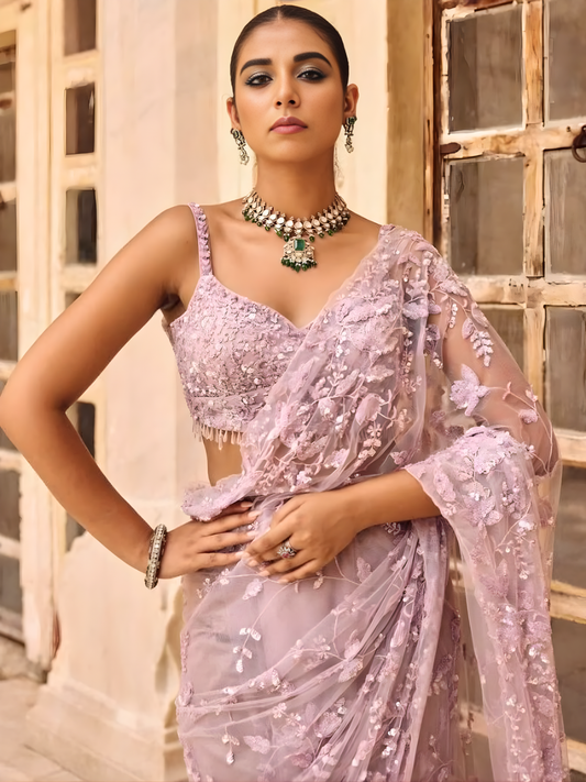 Bollywood Inspired Sequins Designer Pink Net Saree-70449317871697