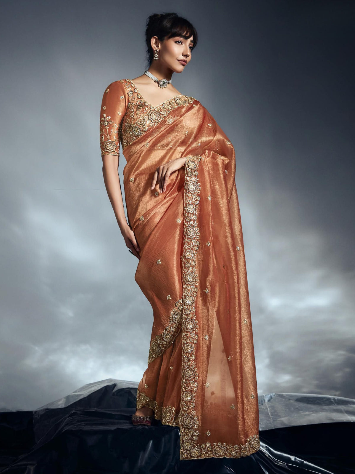 Designer Organza Saree with Heavy Embroidered Border & Blouse - Orange
